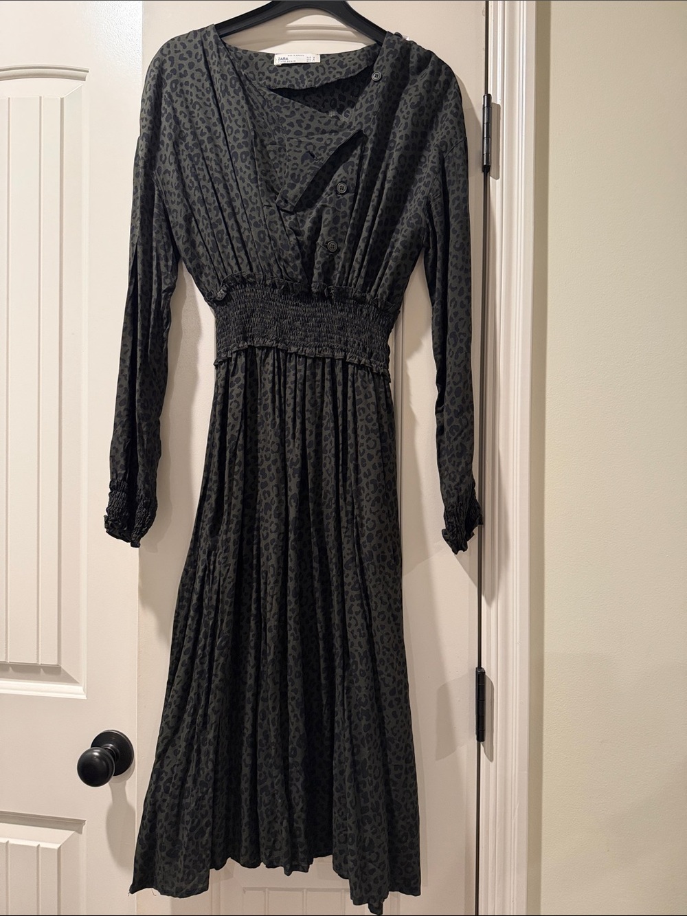 Zara Leopard-Print Smocked Midi A-line Dress M